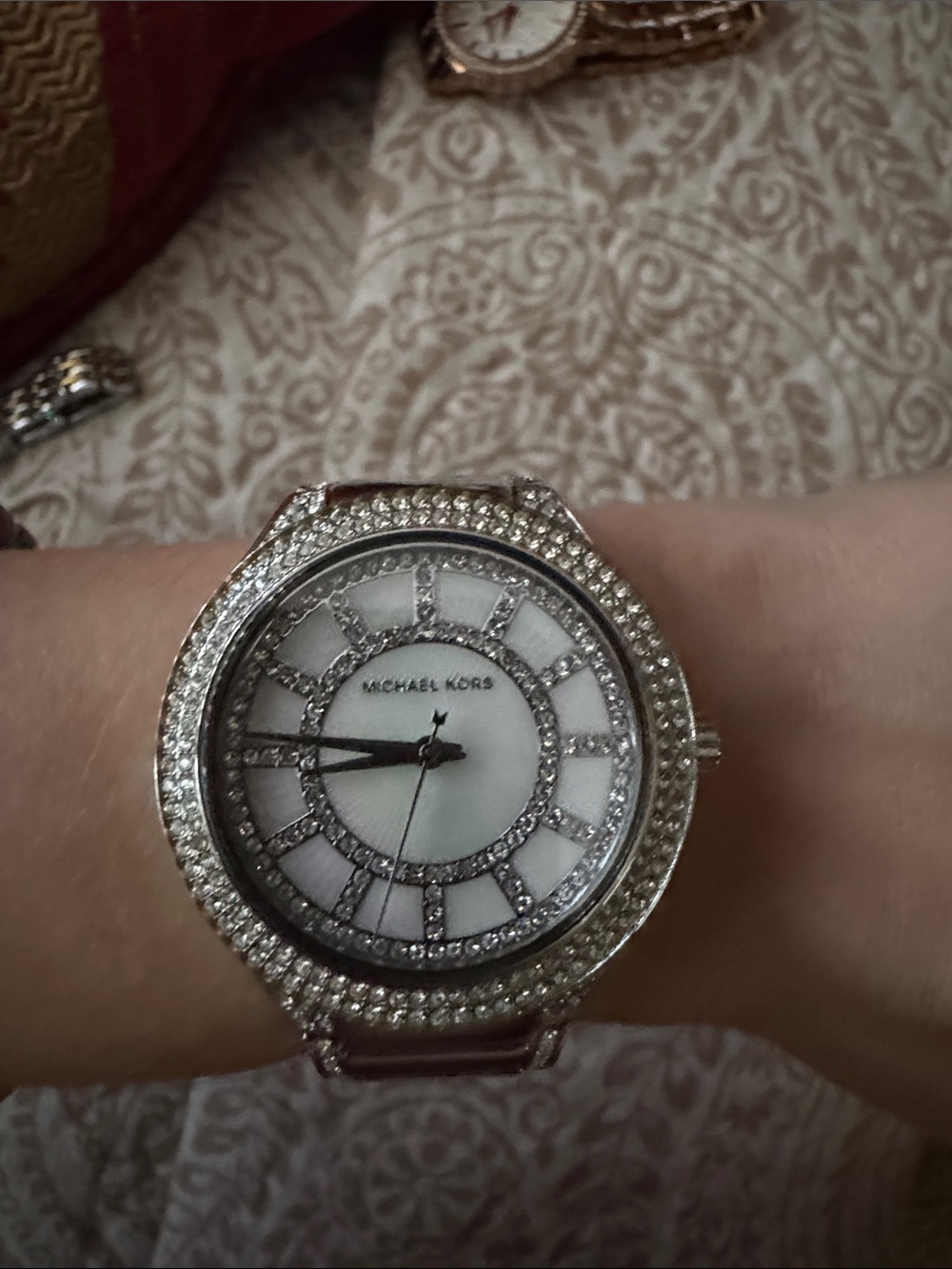 Michael Kors Silver Crystal-Accented Mother-of-Pearl Dial Watch